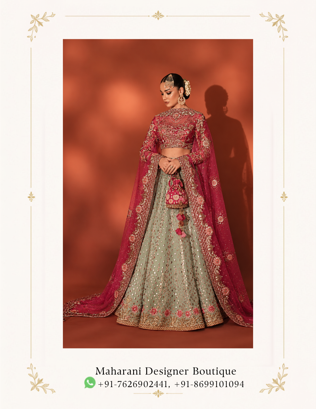 Maharani Magenta Sage Royale Embroidered Bridal Lehenga Make your special occasions unforgettable with the Maharani Magenta Sage Royale Embroidered Bridal Lehenga, Magenta and Sage Green Designer Bridal Lehenga with Heavy Embroidery , an exquisite ensemble that celebrates traditional Indian craftsmanship with luxurious elegance. This stunning designer bridal lehenga features a beautiful combination of sage green and rich magenta pink. The sage green flared lehenga is adorned with delicate motifs, intricate embellishments, and an elaborate embroidered hemline that creates a graceful and regal appearance. Explore premium designer bridal lehengas online at Maharani Designer Boutique, with worldwide shipping available for customers in India and abroad. Product Details Colour: Sage Green and Magenta Pink Category: Designer Bridal Lehenga Blouse: Magenta pink blouse with intricate embroidery Lehenga: Sage green flared skirt with embellished motifs Dupatta: Magenta pink dupatta with elaborate embroidered borders Work: Traditional embroidery with decorative embellishments Style: Royal, traditional, and luxurious Occasion: Weddings, engagements, receptions, and festive celebrations Brand: Maharani Designer Boutique