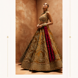 Maharani Mustard Gold Royale Embroidered Bridal Lehenga Make a grand statement with the Maharani Mustard Gold Royale Embroidered Bridal Lehenga, Maharani Mustard Gold Royale Embroidered Bridal Lehenga , Maharani Designer Boutique Jalandhar, an exquisite ethnic ensemble designed for women who love traditional elegance with a luxurious touch. The voluminous flared lehenga skirt is adorned with elaborate embroidery throughout, complemented by a heavily embellished border that creates a magnificent finish. The rich golden tones and striking fuchsia floral accents add a distinctive touch to this statement-making outfit. Product Highlights: Colour: Mustard Gold Style: Designer Bridal Lehenga Work: Intricate traditional embroidery with golden embellishments Blouse: Embroidered sleeveless blouse with decorative detailing Lehenga: Flared skirt with all-over embroidery and a richly embellished hem Design Details: Traditional motifs, ornate borders, and contrasting fuchsia accents Occasion: Weddings, engagement ceremonies, receptions, festive celebrations, and grand events