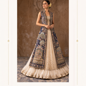 Maharani Navy Blue & Ivory Royal Embroidered Bridal Gown Make a regal statement with the Maharani Black Ivory & Gold Royal Embroidered Anarkali Gown, Black and Ivory Anarkali Gown with Gold Embroidery Maharani Designer Boutique Jalandhar, a masterpiece of traditional Indian craftsmanship and contemporary elegance. This stunning designer outfit features a graceful ivory base, striking black panels, and intricate golden embroidery that creates a luxurious royal appearance. The beautifully embroidered bodice, flowing Anarkali silhouette, and detailed gold motifs add timeless charm to this exquisite ensemble. The matching dupatta features an ornate black-and-gold border with delicate embroidery, completing the sophisticated look. Product Highlights Colour: Ivory, Black and Gold Style: Designer Anarkali Gown Work: Intricate golden embroidery Dupatta: Matching dupatta with an embroidered border Look: Royal, elegant and traditional Occasions: Weddings, receptions, engagements and festive celebrations Brand: Maharani Designer Boutique