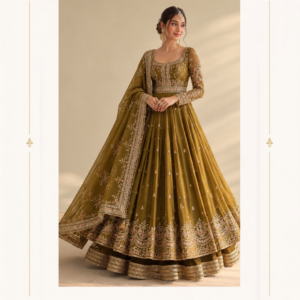 Maharani Olive Gold Royal Embroidered Bridal Gown Make your special day unforgettable with the Maharani Olive Gold Royal Embroidered Bridal Gown, Olive Green & Gold Embroidered Bridal Anarkali Gown with Dupatta, Maharani Designer Boutique Jalandhar, a stunning creation that celebrates timeless Indian elegance and luxurious craftsmanship. Designed in a rich olive green with golden undertones, this regal bridal gown features intricate embroidery across the fitted bodice, sheer sleeves, and flowing flared silhouette. Delicate embellishments enhance the overall design, while the heavily embroidered hemline adds a magnificent finishing touch. The matching dupatta features an ornate embroidered border and delicate motifs, completing this graceful bridal ensemble. Perfect for brides seeking an elegant alternative to a traditional bridal lehenga, this designer Anarkali gown combines classic ethnic charm with a sophisticated silhouette. Style it with statement jewellery and embroidered footwear for a breathtaking wedding look. Product Highlights Colour: Olive Green with Golden Undertones Style: Designer Bridal Anarkali Gown Work: Intricate traditional embroidery with embellishments Neckline: Elegant square neckline Sleeves: Full-length sheer embroidered sleeves Silhouette: Flowing, floor-length flared gown Dupatta: Matching dupatta with an elaborate embroidered border Occasions: Wedding ceremonies, bridal celebrations, receptions, and festive occasions