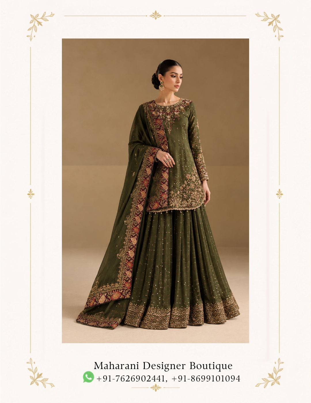 Maharani Olive Green Royal Embroidered Sharara Suit Discover timeless elegance with the Maharani Olive Green Royal Embroidered Sharara Suit, Olive Green Designer Sharara Suit with Burgundy Embroidered Dupatta , a sophisticated ethnic ensemble crafted for women who appreciate luxurious traditional fashion. Featuring a rich olive green kurta adorned with intricate golden and multicolour floral embroidery, this designer outfit beautifully blends heritage craftsmanship with contemporary elegance. Colour: Olive Green with Burgundy and Gold accents Style: Designer Sharara Suit Work: Intricate floral embroidery with golden embellishments Neckline: Embroidered round neckline Sleeves: Full sleeves with detailed embroidered cuffs Bottom: Flared olive green sharara with embroidered hem Dupatta: Olive green dupatta with a rich burgundy and gold embroidered border Occasion: Wedding, festive wear, party wear, and celebrations Brand: Maharani Designer Boutique