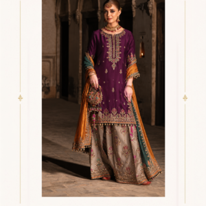 Maharani Plum Heritage Embroidered Salwar Suit Make a statement at festive celebrations with the Maharani Plum Heritage Embroidered Salwar Suit. Maharani Plum Purple Designer Salwar Suit with Dupatta, Maharani Designer Boutique Jalandhar, This regal ensemble features a rich plum-purple kameez adorned with intricate multicolour floral embroidery, delicate embellishments and an ornate neckline. The contrasting taupe salwar is beautifully detailed with traditional motifs and a richly embroidered hem. Perfect for weddings, festive celebrations, sangeet functions, receptions and special occasions, this designer salwar suit beautifully blends traditional craftsmanship with contemporary elegance. Category: Designer Salwar Suit Colour: Plum Purple, Mustard, Teal & Taupe Style: Embroidered Festive Salwar Suit Occasion: Wedding, Festive & Party Wear Brand: Maharani Designer Boutique