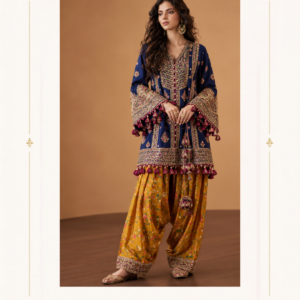 Maharani Royal Blue & Mustard Floral Embroidered Punjabi Salwar Suit Make a statement with the Maharani Royal Blue & Mustard Floral Embroidered Punjabi Salwar Suit, Royal Blue Designer Salwar Suit with Mustard Patiala Bottom & Heavy Embroidered Kurta , Maharani Designer Boutique Jalandhar , a beautiful blend of traditional Punjabi elegance and contemporary designer style. This exquisite ensemble features a rich royal blue kurta adorned with intricate multicolour embroidery, floral motifs, and ornate decorative borders. The kurta showcases a beautifully embroidered front panel, statement flared sleeves, and an embellished hemline finished with elegant tassel detailing. Paired with a mustard-yellow Patiala-style salwar featuring delicate floral prints and an embroidered border, this outfit creates a striking contrast that celebrates the beauty of Punjabi ethnic fashion. Perfect for festive celebrations, family gatherings, pre-wedding functions, and traditional occasions, this designer Punjabi suit offers a distinctive look for women who appreciate vibrant colours and detailed craftsmanship. Style it with traditional juttis, statement earrings, and a matching Punjabi paranda or elegant hairstyle to complete your ethnic look. Discover premium Punjabi designer suits at Maharani Designer Boutique, with shipping options across India and worldwide. Maharani Mustard Heritage Embroidered Anarkali Suit,Maharani Mustard Gold Royale Embroidered Bridal Leheng,Maharani Emerald & Mustard Royal Lehenga Choli,Maharani Mustard Blossom Embroidered Sharara Sui,Royal Blue Floral Embroidered Punjabi Salwar Suit