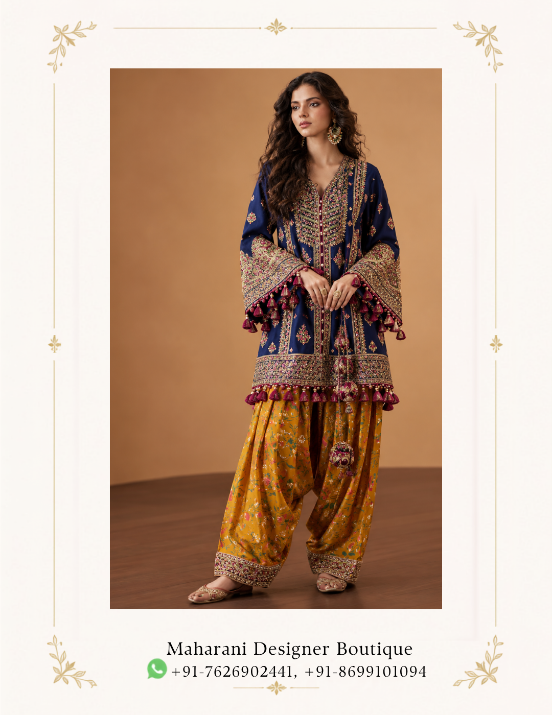 Maharani Royal Blue & Mustard Floral Embroidered Punjabi Salwar Suit Make a statement with the Maharani Royal Blue & Mustard Floral Embroidered Punjabi Salwar Suit, Royal Blue Designer Salwar Suit with Mustard Patiala Bottom & Heavy Embroidered Kurta , Maharani Designer Boutique Jalandhar , a beautiful blend of traditional Punjabi elegance and contemporary designer style. This exquisite ensemble features a rich royal blue kurta adorned with intricate multicolour embroidery, floral motifs, and ornate decorative borders. The kurta showcases a beautifully embroidered front panel, statement flared sleeves, and an embellished hemline finished with elegant tassel detailing. Paired with a mustard-yellow Patiala-style salwar featuring delicate floral prints and an embroidered border, this outfit creates a striking contrast that celebrates the beauty of Punjabi ethnic fashion. Perfect for festive celebrations, family gatherings, pre-wedding functions, and traditional occasions, this designer Punjabi suit offers a distinctive look for women who appreciate vibrant colours and detailed craftsmanship. Style it with traditional juttis, statement earrings, and a matching Punjabi paranda or elegant hairstyle to complete your ethnic look. Discover premium Punjabi designer suits at Maharani Designer Boutique, with shipping options across India and worldwide. Maharani Mustard Heritage Embroidered Anarkali Suit,Maharani Mustard Gold Royale Embroidered Bridal Leheng,Maharani Emerald & Mustard Royal Lehenga Choli,Maharani Mustard Blossom Embroidered Sharara Sui,Royal Blue Floral Embroidered Punjabi Salwar Suit