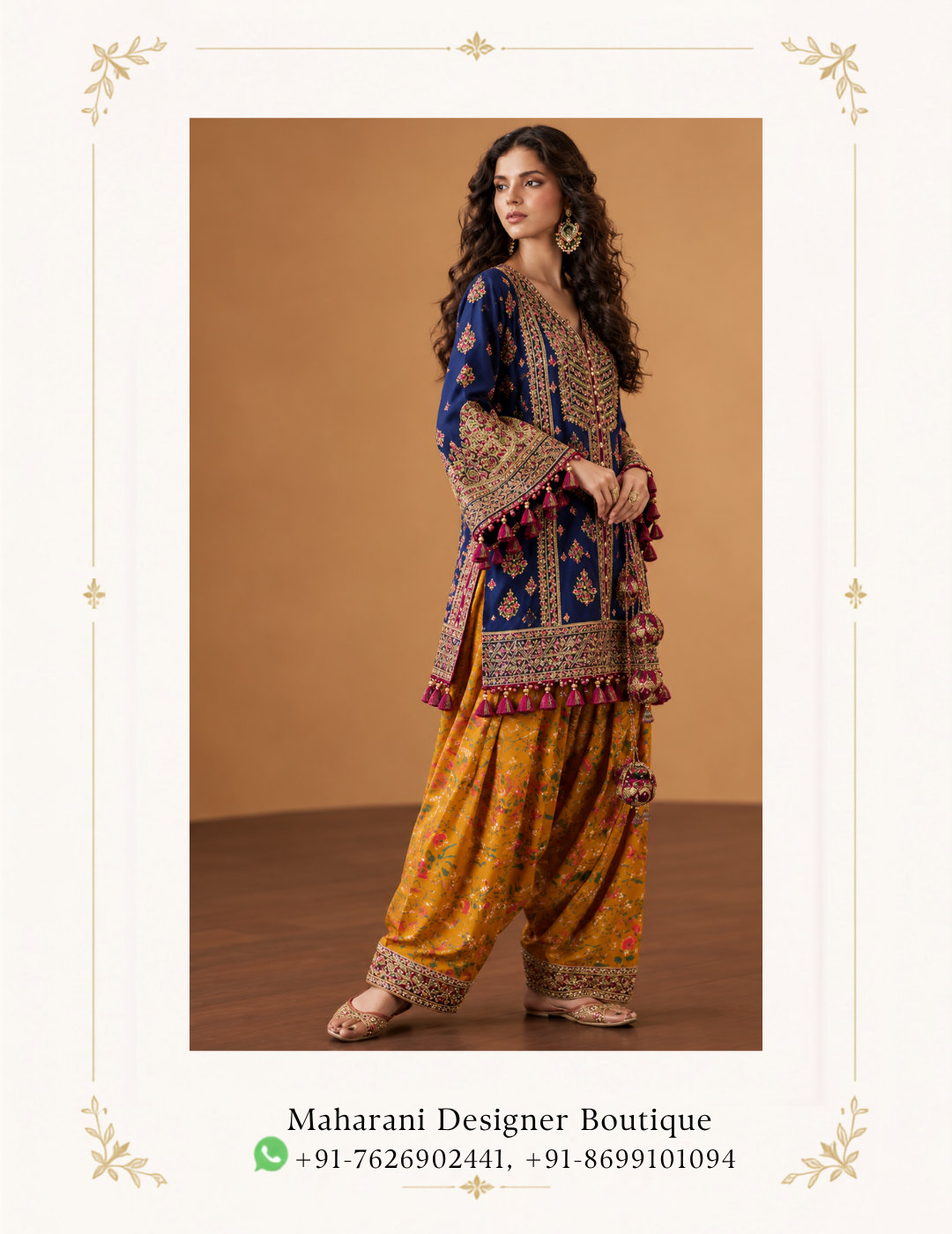 Maharani Royal Blue & Mustard Floral Embroidered Punjabi Salwar Suit Make a statement with the Maharani Royal Blue & Mustard Floral Embroidered Punjabi Salwar Suit, Royal Blue Designer Salwar Suit with Mustard Patiala Bottom & Heavy Embroidered Kurta , Maharani Designer Boutique Jalandhar , a beautiful blend of traditional Punjabi elegance and contemporary designer style. This exquisite ensemble features a rich royal blue kurta adorned with intricate multicolour embroidery, floral motifs, and ornate decorative borders. The kurta showcases a beautifully embroidered front panel, statement flared sleeves, and an embellished hemline finished with elegant tassel detailing. Paired with a mustard-yellow Patiala-style salwar featuring delicate floral prints and an embroidered border, this outfit creates a striking contrast that celebrates the beauty of Punjabi ethnic fashion. Perfect for festive celebrations, family gatherings, pre-wedding functions, and traditional occasions, this designer Punjabi suit offers a distinctive look for women who appreciate vibrant colours and detailed craftsmanship. Style it with traditional juttis, statement earrings, and a matching Punjabi paranda or elegant hairstyle to complete your ethnic look. Discover premium Punjabi designer suits at Maharani Designer Boutique, with shipping options across India and worldwide. Maharani Mustard Heritage Embroidered Anarkali Suit,Maharani Mustard Gold Royale Embroidered Bridal Leheng,Maharani Emerald & Mustard Royal Lehenga Choli,Maharani Mustard Blossom Embroidered Sharara Sui,Royal Blue Floral Embroidered Punjabi Salwar Suit