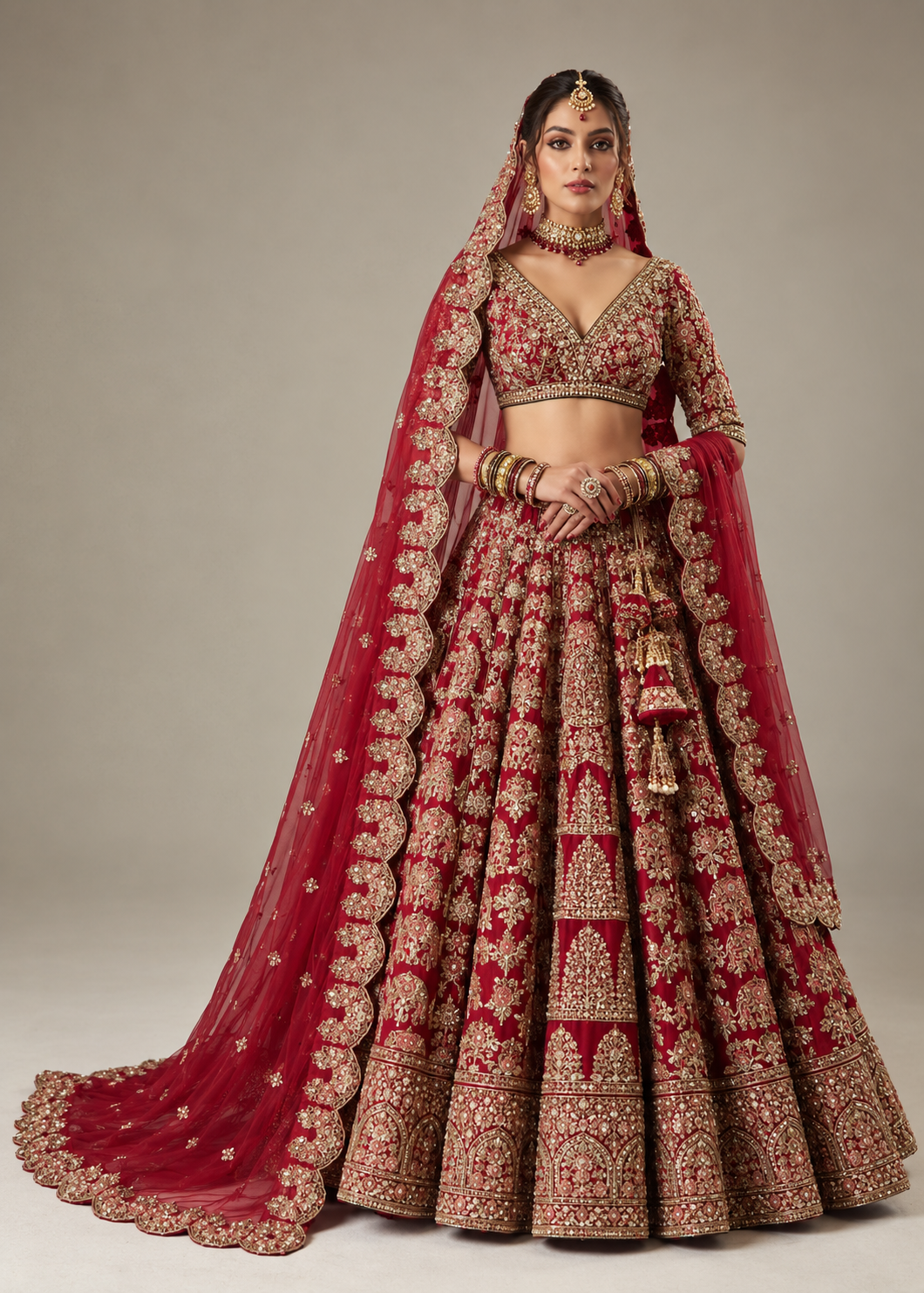 Maharani Royal Crimson Heritage Embroidered Bridal Lehenga Celebrate your special day in timeless elegance with the Maharani Royal Crimson Heritage Embroidered Bridal Lehenga, Red Bridal Lehenga with Heavy Golden Embroidery and Embellished Dupatta, Maharani Designer Boutique Jalandhar, a luxurious bridal ensemble inspired by traditional Indian craftsmanship. Featuring a rich crimson red base with intricate golden embroidery, this bridal lehenga is designed for brides who love regal details and classic wedding fashion. Product Details Colour: Crimson Red with Gold Style: Traditional Bridal Lehenga Choli Work: Heavy golden embroidery with intricate floral and heritage motifs Blouse: Embroidered blouse with V-neckline and three-quarter sleeves Lehenga: Flared bridal skirt with elaborate embroidery and a heavy border Dupatta: Red net dupatta with scalloped embroidered edging Occasion: Wedding, bridal ceremony, and reception Brand: Maharani Designer Boutique Maharani Crimson Red Embroidered Sharara Suit,Maharani Crimson Heritage Bridal Lehenga,Maharani Crimson Heritage Embroidered Bridal Lehenga,Maharani Black Crimson Heritage Printed Saree,Maharani Crimson Royal Embroidered Sharara Suit