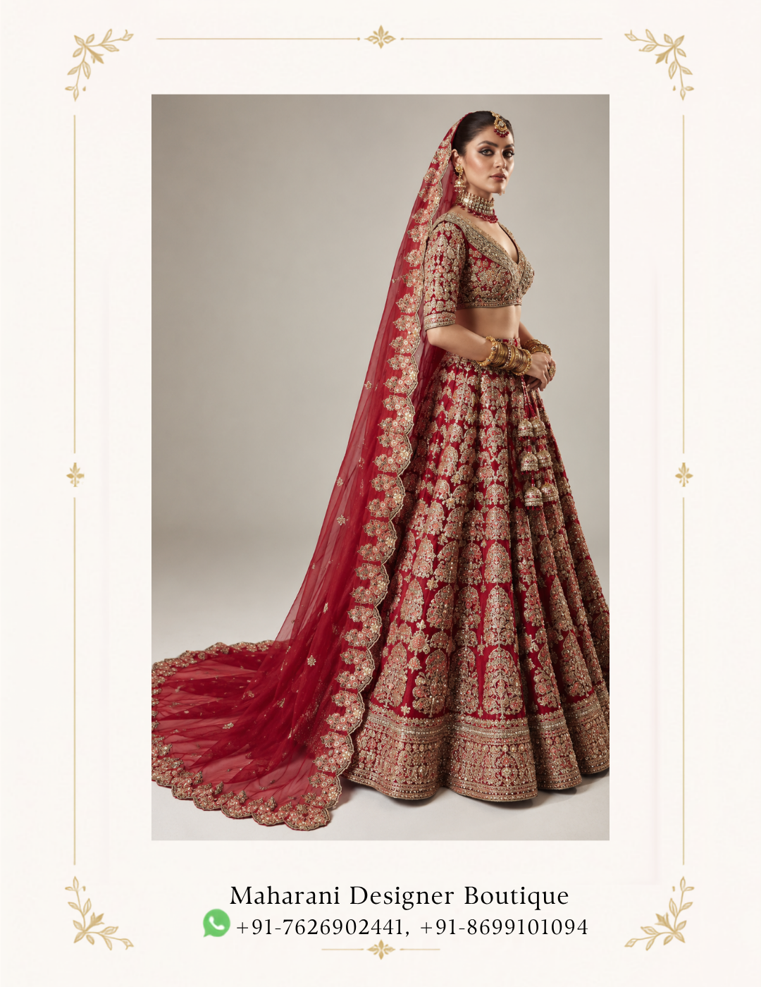 Maharani Royal Crimson Heritage Embroidered Bridal Lehenga Celebrate your special day in timeless elegance with the Maharani Royal Crimson Heritage Embroidered Bridal Lehenga, Red Bridal Lehenga with Heavy Golden Embroidery and Embellished Dupatta, Maharani Designer Boutique Jalandhar, a luxurious bridal ensemble inspired by traditional Indian craftsmanship. Featuring a rich crimson red base with intricate golden embroidery, this bridal lehenga is designed for brides who love regal details and classic wedding fashion. Product Details Colour: Crimson Red with Gold Style: Traditional Bridal Lehenga Choli Work: Heavy golden embroidery with intricate floral and heritage motifs Blouse: Embroidered blouse with V-neckline and three-quarter sleeves Lehenga: Flared bridal skirt with elaborate embroidery and a heavy border Dupatta: Red net dupatta with scalloped embroidered edging Occasion: Wedding, bridal ceremony, and reception Brand: Maharani Designer Boutique Maharani Crimson Red Embroidered Sharara Suit,Maharani Crimson Heritage Bridal Lehenga,Maharani Crimson Heritage Embroidered Bridal Lehenga,Maharani Black Crimson Heritage Printed Saree,Maharani Crimson Royal Embroidered Sharara Suit