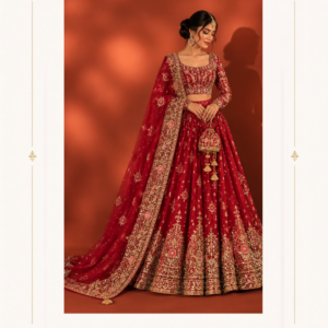 Maharani Royal Embroidered Bridal Lehenga Celebrate your special moments in timeless elegance with the Maharani Crimson Royal Embroidered Bridal Lehenga, a luxurious creation designed for brides who love traditional Indian craftsmanship and regal style. Featuring a rich crimson-maroon shade, this stunning bridal lehenga showcases intricate golden embroidery, delicate floral motifs, and elaborate traditional patterns. The beautifully embellished blouse features a classic scoop neckline, full sleeves, and detailed embroidery that enhances the outfit's royal appeal. The voluminous flared lehenga is adorned with scattered golden motifs and a heavily embroidered border, creating a graceful and majestic silhouette. Completing the ensemble is a matching maroon dupatta with an ornate golden border and delicate embellishments, draped elegantly for a sophisticated bridal look. The coordinated embroidered potli bag adds an extra touch of traditional charm, making this ensemble ideal for brides seeking a complete, statement-making appearance. Perfect for wedding ceremonies, bridal portraits, engagement celebrations, and grand festive occasions, this designer bridal lehenga beautifully blends heritage-inspired artistry with luxurious ethnic fashion. Discover exquisite bridal lehengas at Maharani Designer Boutique, with worldwide shipping options for brides in India and overseas. MDB 025278,MDB 025331,Bridal Lehenga Choli with Heavy Gold Embroidery Dupatta,MDB 026922