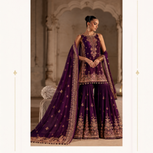 Maharani Royal Purple Heritage Embroidered Sharara Suit Make a regal statement with the Maharani Royal Purple Heritage Embroidered Sharara Suit, designed for women who appreciate timeless elegance and luxurious ethnic fashion. Featuring a rich royal purple shade, this designer ensemble showcases intricate golden embroidery with delicate floral motifs and ornate borders. The sleeveless straight-cut kurta is beautifully embellished with detailed embroidery across the neckline, front panel, and hemline. Paired with matching flared sharara pants adorned with elaborate embroidered borders, the outfit creates a graceful and sophisticated silhouette. The coordinating dupatta features an embroidered border and delicate motifs, completing the ensemble with a luxurious traditional touch. Perfect for weddings, receptions, festive celebrations, engagement ceremonies, and special occasions, this designer sharara suit combines traditional craftsmanship with contemporary elegance. Style it with statement jewellery, embellished heels, and a sophisticated hairstyle for an unforgettable look. MDB 024248,MDB – 9802,Designer Plum Purple Embroidered Salwar Suit,Purple & Olive Green Designer Embroidered Salwar Suit,Maharani Royal Plum Embroidered Sharara Suit