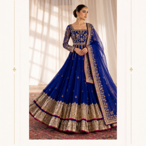 Maharani Royal Sapphire Gold Embroidered Designer Gown