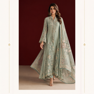 Maharani Sage Green Floral Embroidered Salwar Suit Embrace effortless elegance with the Maharani Sage Green Floral Embroidered Salwar Suit, Maharani Sage Green Floral Embroidered Salwar Suit with Organza Dupatta , maharani designer boutique jalandhar. Designed in a soothing sage green shade, this graceful ensemble features delicate floral embroidery across the front, sleeves and hem, complemented by an intricately embroidered sheer organza dupatta. The soft pastel tone and refined detailing create a sophisticated look, making it perfect for festive celebrations, daytime weddings, mehendi functions, parties and special occasions. Colour: Sage Green Style: Floral Embroidered Salwar Suit Dupatta: Embroidered Organza Occasion: Festive, Wedding & Party Wear Brand: Maharani Designer Boutique