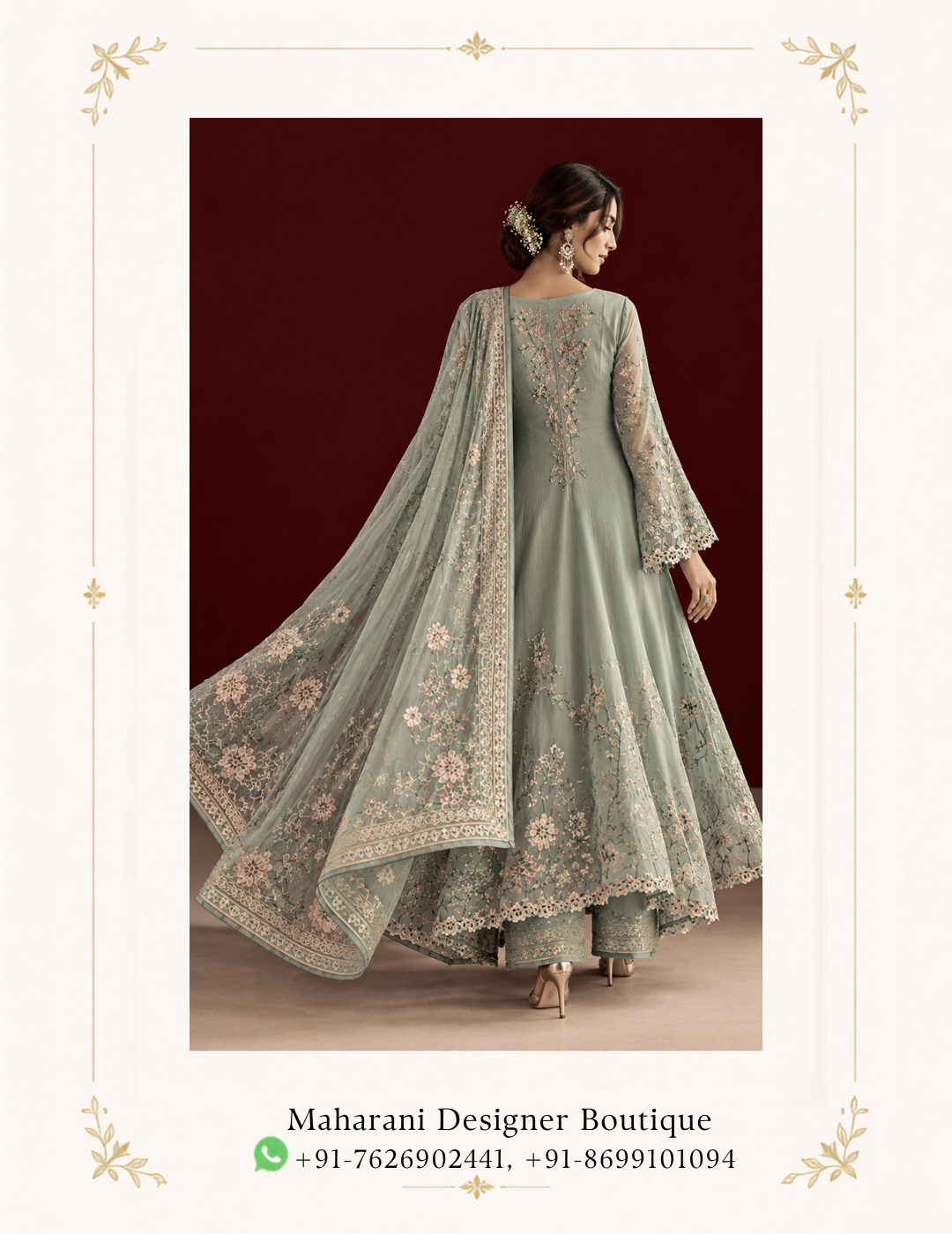 Maharani Sage Green Floral Embroidered Salwar Suit Embrace effortless elegance with the Maharani Sage Green Floral Embroidered Salwar Suit, Maharani Sage Green Floral Embroidered Salwar Suit with Organza Dupatta , maharani designer boutique jalandhar. Designed in a soothing sage green shade, this graceful ensemble features delicate floral embroidery across the front, sleeves and hem, complemented by an intricately embroidered sheer organza dupatta. The soft pastel tone and refined detailing create a sophisticated look, making it perfect for festive celebrations, daytime weddings, mehendi functions, parties and special occasions. Colour: Sage Green Style: Floral Embroidered Salwar Suit Dupatta: Embroidered Organza Occasion: Festive, Wedding & Party Wear Brand: Maharani Designer Boutique