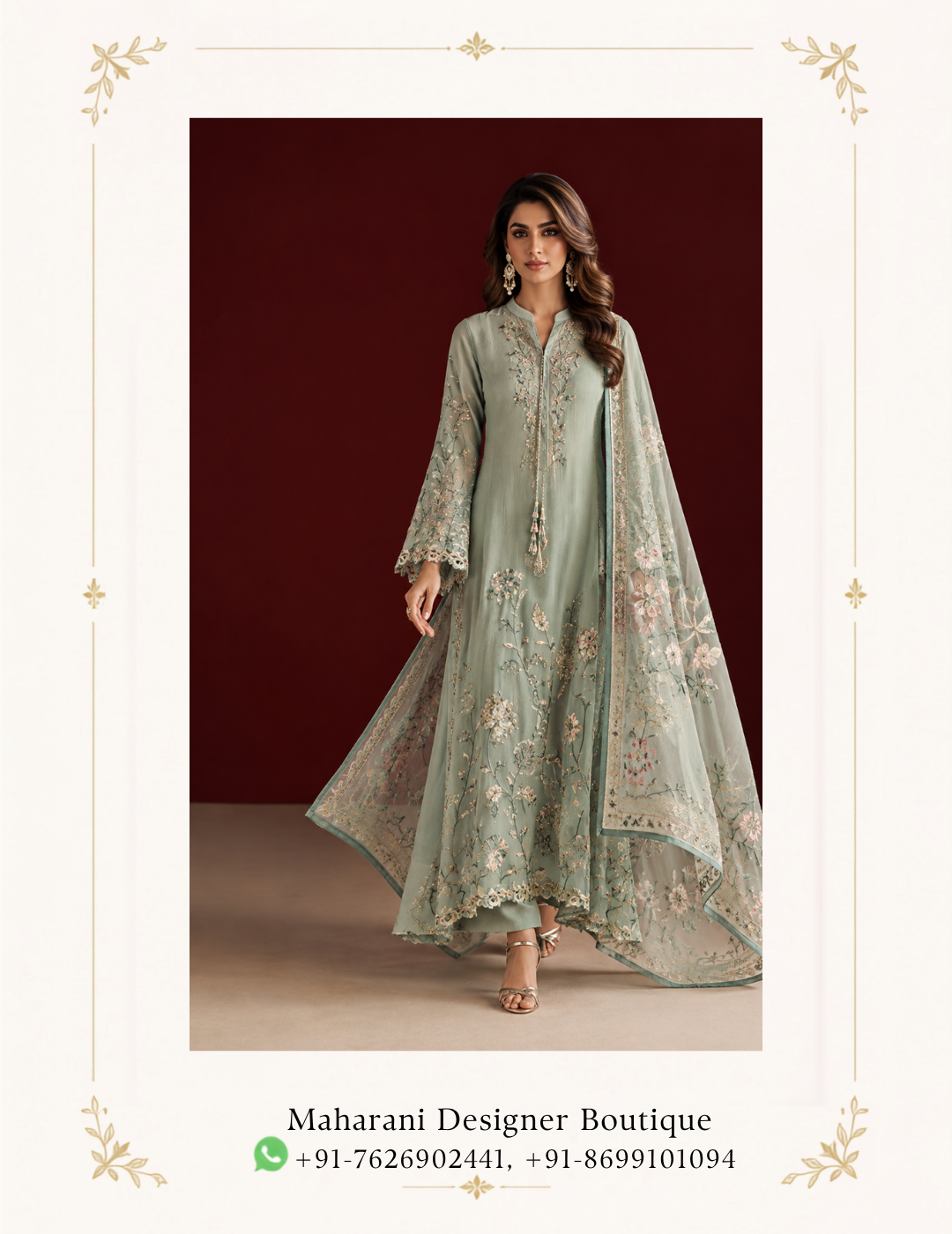Maharani Sage Green Floral Embroidered Salwar Suit Embrace effortless elegance with the Maharani Sage Green Floral Embroidered Salwar Suit, Maharani Sage Green Floral Embroidered Salwar Suit with Organza Dupatta , maharani designer boutique jalandhar. Designed in a soothing sage green shade, this graceful ensemble features delicate floral embroidery across the front, sleeves and hem, complemented by an intricately embroidered sheer organza dupatta. The soft pastel tone and refined detailing create a sophisticated look, making it perfect for festive celebrations, daytime weddings, mehendi functions, parties and special occasions. Colour: Sage Green Style: Floral Embroidered Salwar Suit Dupatta: Embroidered Organza Occasion: Festive, Wedding & Party Wear Brand: Maharani Designer Boutique