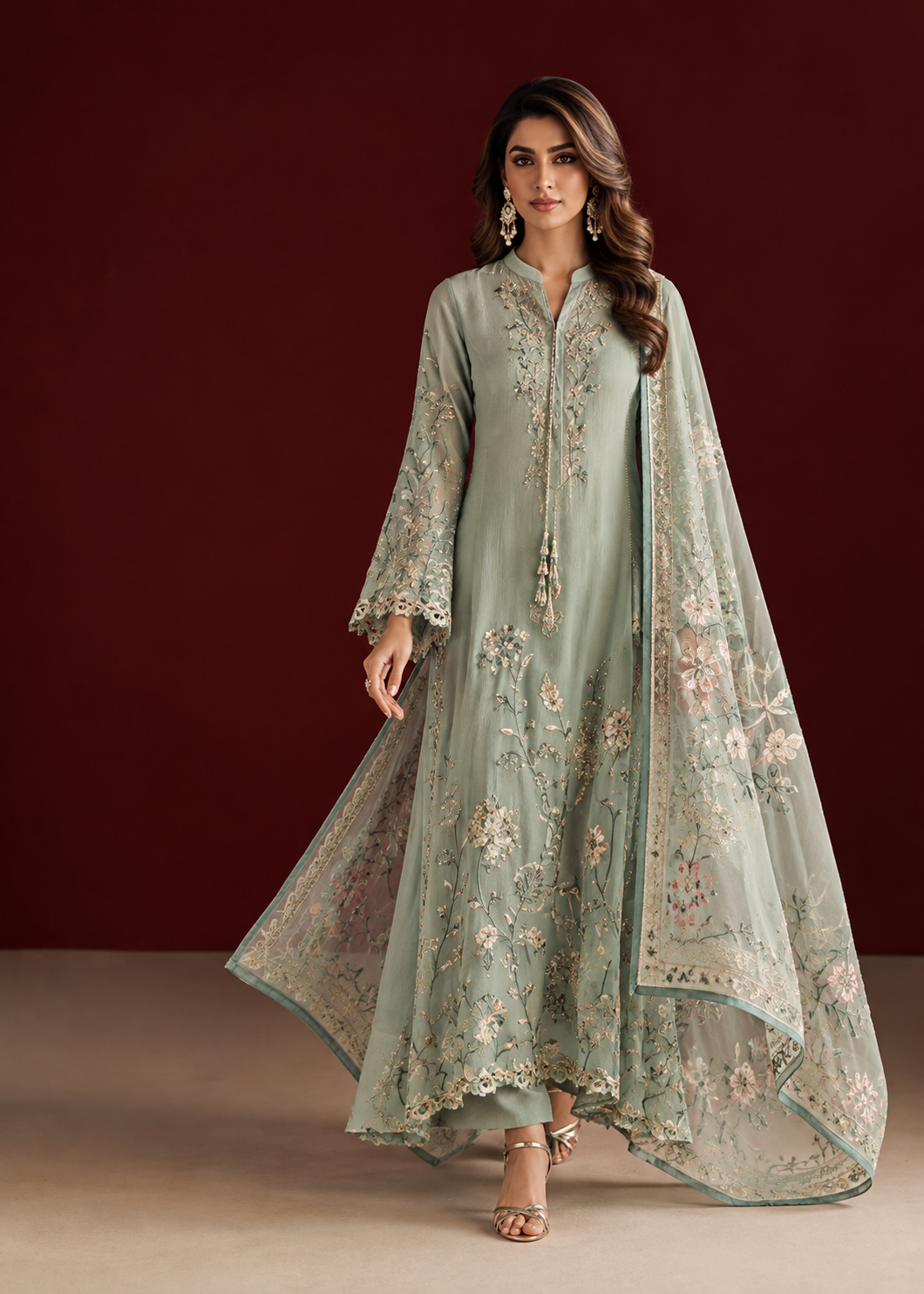 Maharani Sage Green Floral Embroidered Salwar Suit - Image 3