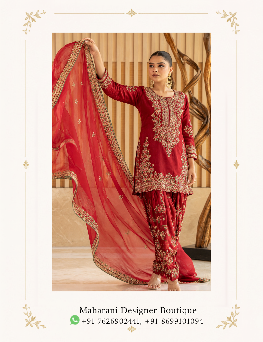 Maharani Scarlet Royale Golden Embroidered Punjabi Suit Add a touch of royal elegance to your ethnic wardrobe with the Maharani Scarlet Royale Golden Embroidered Punjabi Suit, Red Designer Punjabi Salwar Suit with Heavy Golden Embroidery & Floral Bottom, Maharani Designer Boutique Jalandhar, from Maharani Designer Boutique. Designed for women who appreciate traditional craftsmanship and luxurious fashion, this stunning red ensemble is perfect for festive celebrations and special occasions. Explore premium designer Punjabi suits online at Maharani Designer Boutique, with worldwide shipping available for customers in India and abroad. Product Details Colour: Scarlet Red Category: Designer Punjabi Salwar Suit Work: Golden floral embroidery Neckline: Embellished slit neckline Sleeves: Three-quarter sleeves with detailed embroidery Bottom: Red floral printed trousers with embroidered accents Dupatta: Matching red dupatta with decorative border Style: Traditional, festive, and elegant Occasion: Weddings, festivals, parties, and family functions Brand: Maharani Designer Boutique' Sage Green Embroidered Designer Sui, Emerald Green Bridal Lehenga Choli, Olive Royale Embroidered Salwar Suit, MDB 21447, MDB 23138