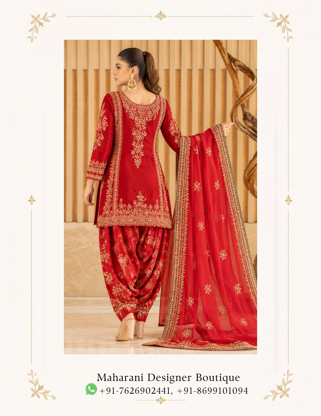 Maharani Scarlet Royale Golden Embroidered Punjabi Suit Add a touch of royal elegance to your ethnic wardrobe with the Maharani Scarlet Royale Golden Embroidered Punjabi Suit, Red Designer Punjabi Salwar Suit with Heavy Golden Embroidery & Floral Bottom, Maharani Designer Boutique Jalandhar, from Maharani Designer Boutique. Designed for women who appreciate traditional craftsmanship and luxurious fashion, this stunning red ensemble is perfect for festive celebrations and special occasions. Explore premium designer Punjabi suits online at Maharani Designer Boutique, with worldwide shipping available for customers in India and abroad. Product Details Colour: Scarlet Red Category: Designer Punjabi Salwar Suit Work: Golden floral embroidery Neckline: Embellished slit neckline Sleeves: Three-quarter sleeves with detailed embroidery Bottom: Red floral printed trousers with embroidered accents Dupatta: Matching red dupatta with decorative border Style: Traditional, festive, and elegant Occasion: Weddings, festivals, parties, and family functions Brand: Maharani Designer Boutique' Sage Green Embroidered Designer Sui, Emerald Green Bridal Lehenga Choli, Olive Royale Embroidered Salwar Suit, MDB 21447, MDB 23138