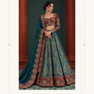 Maharani Teal Blue & Burgundy Royal Embroidered Bridal Lehenga Make your wedding celebrations unforgettable with the Maharani Teal Blue & Burgundy Royal Embroidered Bridal Lehenga Maharani Teal Blue Bridal Lehenga with Burgundy Blouse & Dupatta by Maharani Designer Boutique jalandhar. Designed for brides who appreciate timeless elegance and traditional craftsmanship, this luxurious ensemble showcases a rich teal blue lehenga paired with a beautifully embroidered burgundy blouse and a matching teal dupatta. Perfect for weddings, receptions, engagement ceremonies and grand festive celebrations, this designer bridal lehenga blends heritage-inspired artistry with contemporary bridal elegance. Product Highlights Colour: Teal blue, burgundy and antique gold Style: Traditional royal bridal lehenga Work: Intricate embroidery with ornamental motifs Blouse: Embroidered blouse with a modern fitted silhouette Lehenga: Flared skirt with a richly embellished hemline Dupatta: Matching teal dupatta with an elaborate burgundy embroidered border Occasions: Wedding, bridal ceremony, reception and festive celebrations