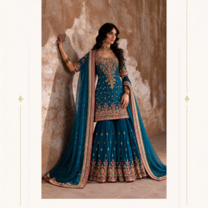 Maharani Teal Blue Royal Embroidered Sharara Suit Elevate your ethnic wardrobe with the Maharani Teal Blue Royal Embroidered Sharara Suit, Teal Blue Designer Sharara Suit with Multicolour Floral Embroidery & Dupatta , Maharani Designer Boutique Jalandhar, a statement creation from Maharani Designer Boutique. Featuring a rich teal blue colour, intricate multicolour floral embroidery, and elegant traditional detailing, this designer ensemble brings together timeless Indian craftsmanship and contemporary sophistication. Product Highlights Colour: Teal Blue with Multicolour Embroidery Style: Designer Sharara Suit Kurta: Floral embroidered design with short sleeves Bottom: Flared sharara with decorative embellishments Dupatta: Matching dupatta with an ornate contrasting border Occasions: Weddings, sangeet, festive celebrations and parties Please confirm fabric composition, lining, and customisation options before publishing the final product specifications.