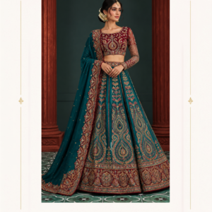 Maharani Teal Royale Burgundy Gold Embroidered Bridal Lehenga Make a royal statement with the Maharani Teal Royale Burgundy Gold Embroidered Lehenga Choli, an exquisite ethnic ensemble inspired by traditional Indian craftsmanship and luxurious bridal fashion. Featuring a rich teal blue lehenga paired with a deep burgundy blouse, this stunning outfit showcases intricate golden embroidery throughout. The lehenga is adorned with elaborate paisley motifs, decorative patterns, and a heavily embroidered burgundy hemline that creates a striking, regal finish. Product Highlights Colours: Teal blue, burgundy, and antique gold Style: Designer lehenga choli Work: Intricate golden embroidery with paisley motifs Blouse: Burgundy with a high neckline and three-quarter sleeves Lehenga: Flared teal skirt with a richly embroidered border Dupatta: Matching teal dupatta with an ornate embroidered border Occasions: Weddings, receptions, engagements, and festive celebrations Brand: Maharani Designer Boutique