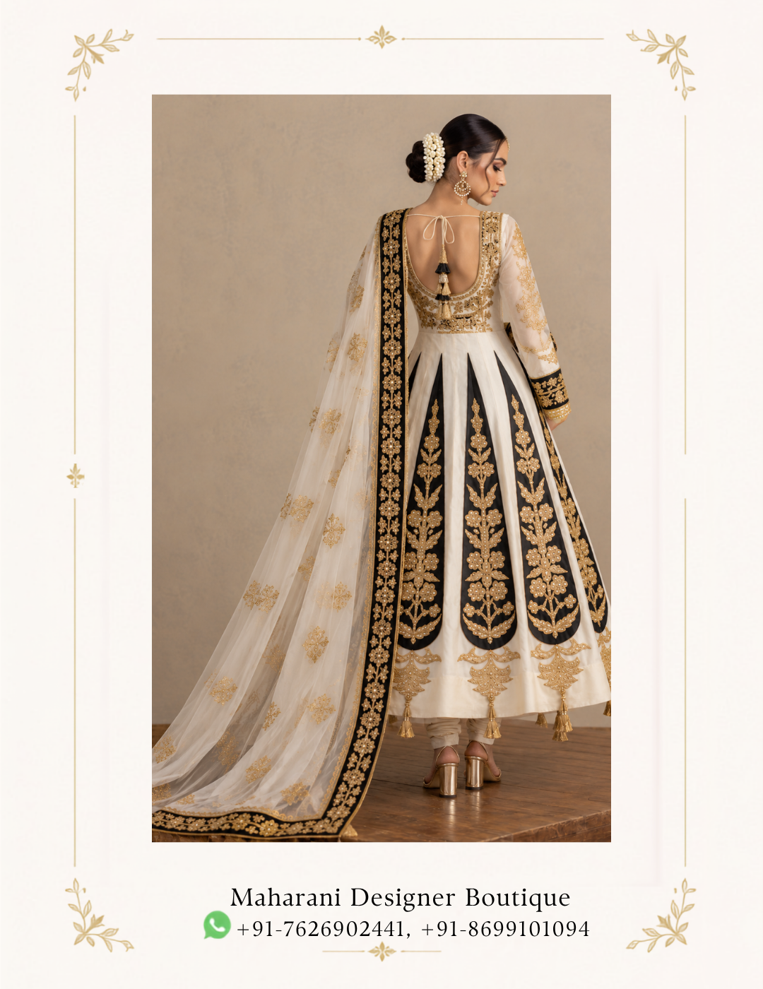 Maharani Black Ivory & Gold Royal Embroidered Anarkali Gown Make a regal statement with the Maharani Black Ivory & Gold Royal Embroidered Anarkali Gown, Black and Ivory Anarkali Gown with Gold Embroidery , Maharani Designer Boutique Jalandhar, a masterpiece of traditional Indian craftsmanship and contemporary elegance. This stunning designer outfit features a graceful ivory base, striking black panels, and intricate golden embroidery that creates a luxurious royal appearance. Discover premium ethnic fashion at Maharani Designer Boutique, where traditional artistry meets modern sophistication. Shop designer Anarkali gowns online and elevate your occasion-wear wardrobe with this timeless creation. Product Highlights Colour: Ivory, Black and Gold Style: Designer Anarkali Gown Work: Intricate golden embroidery Dupatta: Matching dupatta with an embroidered border Look: Royal, elegant and traditional Occasions: Weddings, receptions, engagements and festive celebrations Brand: Maharani Designer Boutique Maharani Ivory Floral Heritage Lehenga,Maharani Ivory Floral Heritage Designer Lehenga Choli,Maharani Ivory Blush Embroidered Sharara Suit,Ivory Gold Heritage Embroidered Bridal Lehenga Choli,Maharani Crimson Heritage Embroidered Salwar Suit