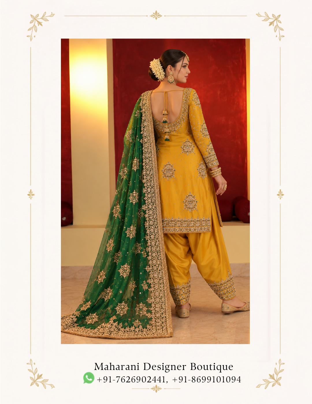 Maharani Dusty Mauve Embroidered Salwar Suit Celebrate timeless Punjabi elegance with the Maharani Dusty Mauve Embroidered Salwar Suit, Mustard Yellow Punjabi Salwar Suit with Emerald Green Embroidered Dupatta , Maharani Designer Boutique Jalandhar, a stunning ensemble that combines traditional craftsmanship with luxurious festive styling. Featuring a rich mustard yellow kameez adorned with intricate golden embroidery, this designer Punjabi suit showcases beautiful floral motifs, embellished sleeves, and an ornate hemline. The matching mustard salwar adds a classic traditional touch, while the emerald green dupatta creates a striking contrast with its elaborate golden embroidered border and delicate embellishments. The vibrant colour combination makes this outfit an elegant choice for women who appreciate sophisticated ethnic fashion. Its regal detailing and traditional silhouette make it perfect for wedding functions, Mehendi ceremonies, festive celebrations, family gatherings, and special occasions. Discover exquisite Punjabi suits at Maharani Designer Boutique, where heritage-inspired designs meet contemporary elegance. Shop designer salwar suits online with worldwide shipping options. Product Highlights Colour: Mustard Yellow and Emerald Green Style: Designer Punjabi Salwar Suit Work: Intricate golden embroidery and embellishments Kameez: Embroidered mustard yellow tunic Bottom: Matching mustard salwar Dupatta: Emerald green with an ornate golden embroidered border Occasions: Weddings, Mehendi, festivals, and parties Brand: Maharani Designer Boutique
