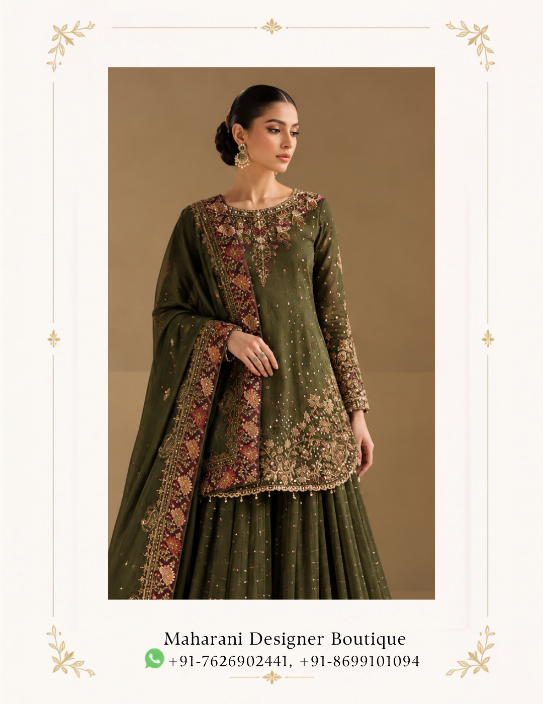 Maharani Olive Green Royal Embroidered Sharara Suit Discover timeless elegance with the Maharani Olive Green Royal Embroidered Sharara Suit, Olive Green Designer Sharara Suit with Burgundy Embroidered Dupatta , a sophisticated ethnic ensemble crafted for women who appreciate luxurious traditional fashion. Featuring a rich olive green kurta adorned with intricate golden and multicolour floral embroidery, this designer outfit beautifully blends heritage craftsmanship with contemporary elegance. Colour: Olive Green with Burgundy and Gold accents Style: Designer Sharara Suit Work: Intricate floral embroidery with golden embellishments Neckline: Embroidered round neckline Sleeves: Full sleeves with detailed embroidered cuffs Bottom: Flared olive green sharara with embroidered hem Dupatta: Olive green dupatta with a rich burgundy and gold embroidered border Occasion: Wedding, festive wear, party wear, and celebrations Brand: Maharani Designer Boutique