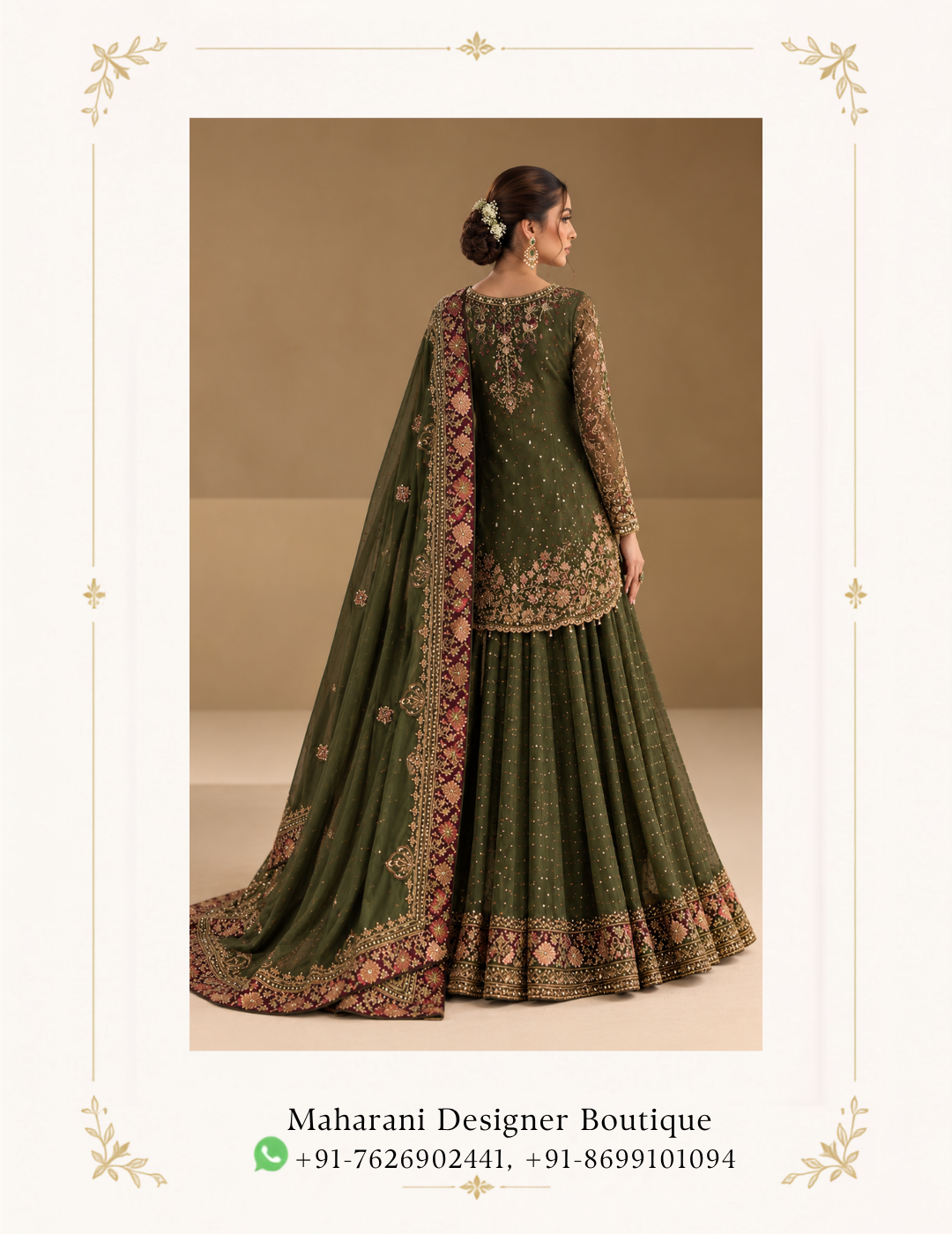 Maharani Olive Green Royal Embroidered Sharara Suit Discover timeless elegance with the Maharani Olive Green Royal Embroidered Sharara Suit, Olive Green Designer Sharara Suit with Burgundy Embroidered Dupatta , a sophisticated ethnic ensemble crafted for women who appreciate luxurious traditional fashion. Featuring a rich olive green kurta adorned with intricate golden and multicolour floral embroidery, this designer outfit beautifully blends heritage craftsmanship with contemporary elegance. Colour: Olive Green with Burgundy and Gold accents Style: Designer Sharara Suit Work: Intricate floral embroidery with golden embellishments Neckline: Embroidered round neckline Sleeves: Full sleeves with detailed embroidered cuffs Bottom: Flared olive green sharara with embroidered hem Dupatta: Olive green dupatta with a rich burgundy and gold embroidered border Occasion: Wedding, festive wear, party wear, and celebrations Brand: Maharani Designer Boutique