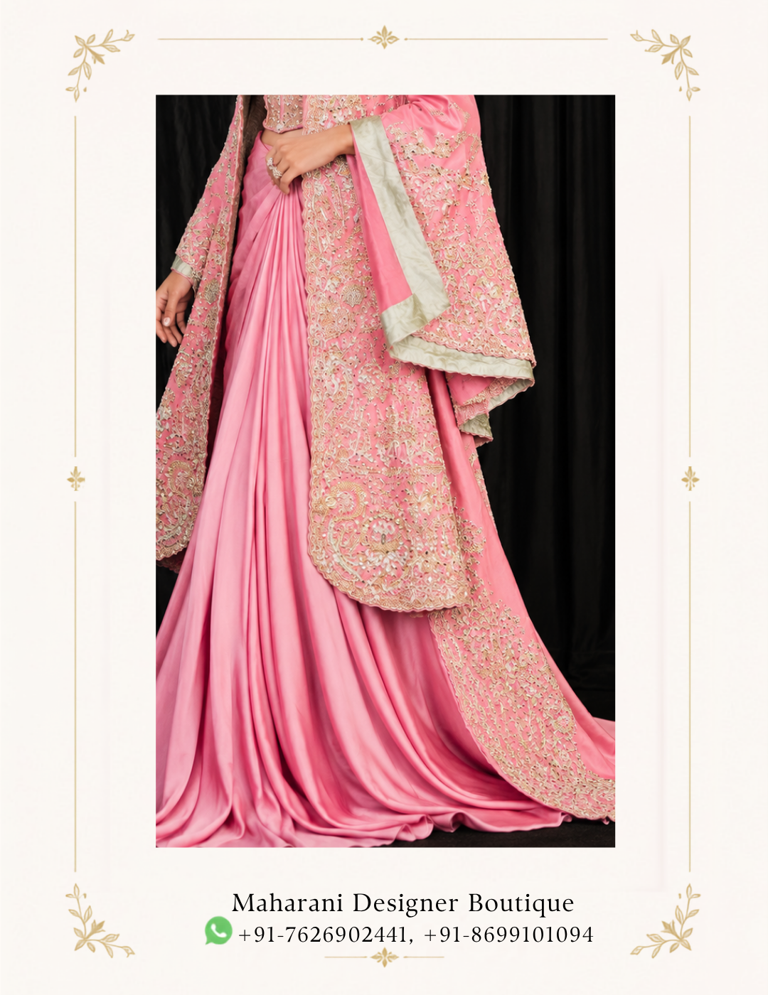 Maharani Blush Pink Royal Embroidered Couture Saree Gown Make a glamorous statement with the Maharani Blush Pink Royal Embroidered Couture Saree Gown, Blush Pink Designer Saree Gown with Heavy Embroidered Jacket, Maharani Designer Boutique Jalandhar, an exquisite fusion of traditional Indian elegance and contemporary designer fashion. This luxurious ensemble is designed for women who love sophisticated silhouettes, intricate craftsmanship, and timeless ethnic wear. Product Details Colour: Blush Pink Category: Designer Saree Gown Design: Draped saree-style skirt with a long jacket Work: Intricate floral embroidery with metallic detailing Blouse: Embellished designer blouse Jacket: Long embroidered jacket with statement sleeves Style: Luxury, contemporary, and traditional fusion Occasion: Wedding receptions, engagements, cocktail parties, and festive events Brand: Maharani Designer Boutique