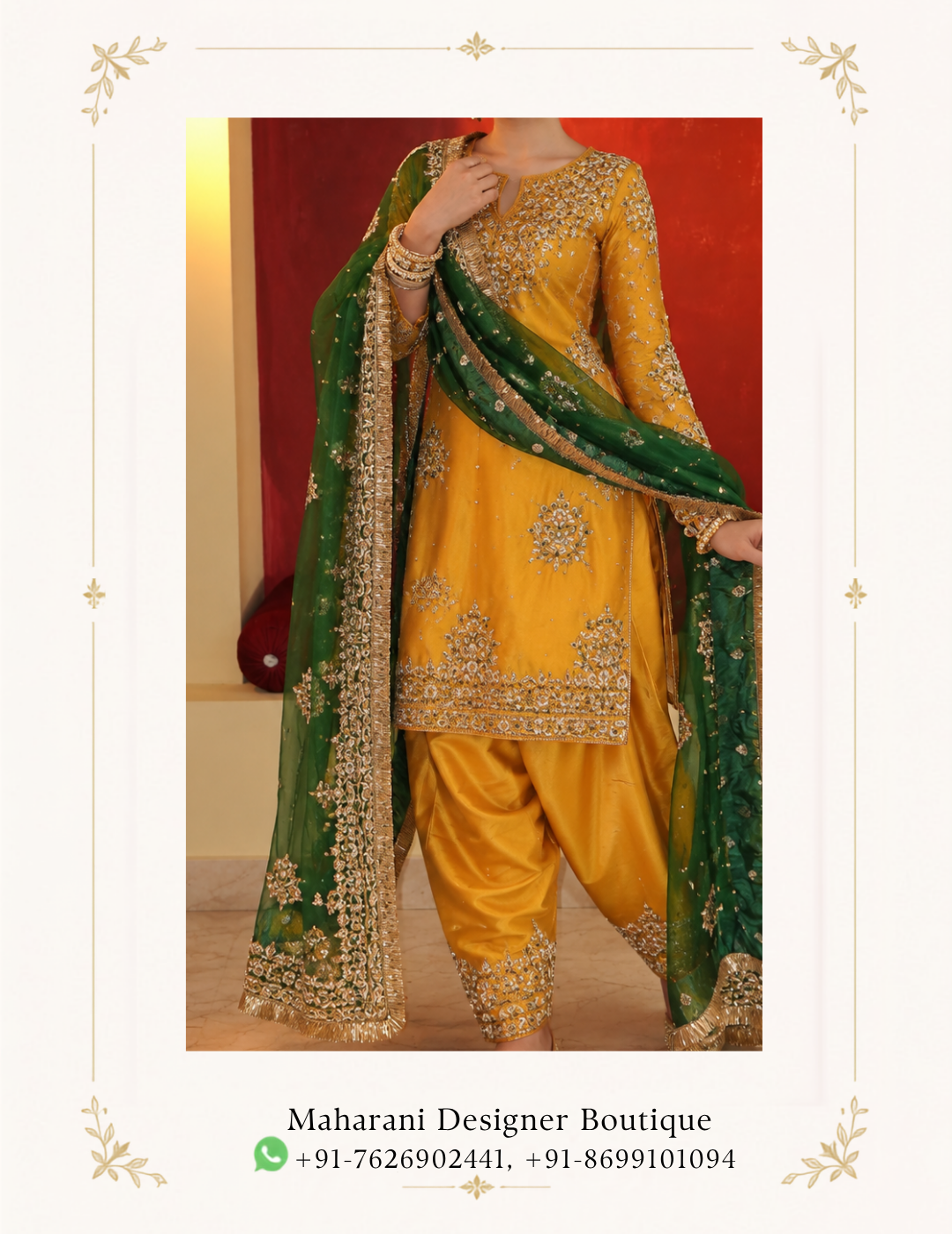Maharani Dusty Mauve Embroidered Salwar Suit Celebrate timeless Punjabi elegance with the Maharani Dusty Mauve Embroidered Salwar Suit, Mustard Yellow Punjabi Salwar Suit with Emerald Green Embroidered Dupatta , Maharani Designer Boutique Jalandhar, a stunning ensemble that combines traditional craftsmanship with luxurious festive styling. Featuring a rich mustard yellow kameez adorned with intricate golden embroidery, this designer Punjabi suit showcases beautiful floral motifs, embellished sleeves, and an ornate hemline. The matching mustard salwar adds a classic traditional touch, while the emerald green dupatta creates a striking contrast with its elaborate golden embroidered border and delicate embellishments. The vibrant colour combination makes this outfit an elegant choice for women who appreciate sophisticated ethnic fashion. Its regal detailing and traditional silhouette make it perfect for wedding functions, Mehendi ceremonies, festive celebrations, family gatherings, and special occasions. Discover exquisite Punjabi suits at Maharani Designer Boutique, where heritage-inspired designs meet contemporary elegance. Shop designer salwar suits online with worldwide shipping options. Product Highlights Colour: Mustard Yellow and Emerald Green Style: Designer Punjabi Salwar Suit Work: Intricate golden embroidery and embellishments Kameez: Embroidered mustard yellow tunic Bottom: Matching mustard salwar Dupatta: Emerald green with an ornate golden embroidered border Occasions: Weddings, Mehendi, festivals, and parties Brand: Maharani Designer Boutique