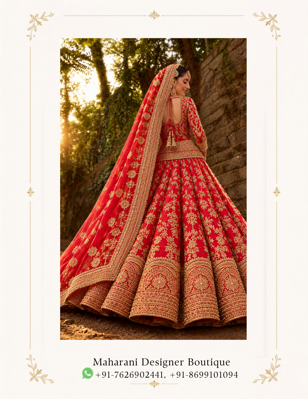Maharani Crimson Royale Embroidered Bridal Lehenga Celebrate your special day in timeless elegance with the Maharani Crimson Royale Gold Embroidered Bridal Lehenga, Red Bridal Lehenga with Heavy Gold Embroidery and Matching Dupatta , Maharani Designer Boutique Jalandhar, a luxurious bridal ensemble designed for the modern bride who cherishes traditional Indian craftsmanship. Featuring a rich crimson red colour, this stunning bridal lehenga showcases intricate golden embroidery with elaborate floral motifs and traditional patterns. The beautifully embellished blouse features detailed gold work, a structured silhouette, and an ornate waistline that enhances its regal appeal. Product Highlights: Colour: Crimson Red with Gold Style: Traditional Bridal Lehenga Choli Work: Intricate gold embroidery with floral and traditional motifs Blouse: Heavily embellished bridal blouse Lehenga: Flared skirt with all-over golden embroidery and an ornate hemline Dupatta: Matching red dupatta with an embroidered gold border Occasion: Wedding ceremonies, bridal celebrations, receptions, and engagement functions