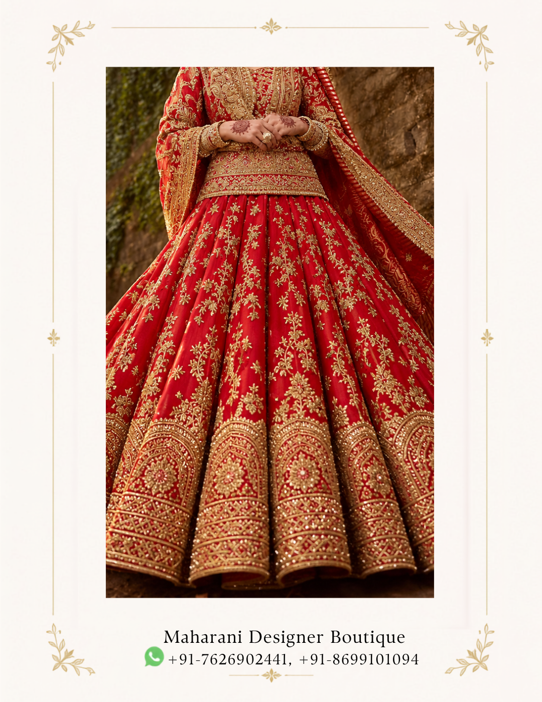 Maharani Crimson Royale Embroidered Bridal Lehenga Celebrate your special day in timeless elegance with the Maharani Crimson Royale Gold Embroidered Bridal Lehenga, Red Bridal Lehenga with Heavy Gold Embroidery and Matching Dupatta , Maharani Designer Boutique Jalandhar, a luxurious bridal ensemble designed for the modern bride who cherishes traditional Indian craftsmanship. Featuring a rich crimson red colour, this stunning bridal lehenga showcases intricate golden embroidery with elaborate floral motifs and traditional patterns. The beautifully embellished blouse features detailed gold work, a structured silhouette, and an ornate waistline that enhances its regal appeal. Product Highlights: Colour: Crimson Red with Gold Style: Traditional Bridal Lehenga Choli Work: Intricate gold embroidery with floral and traditional motifs Blouse: Heavily embellished bridal blouse Lehenga: Flared skirt with all-over golden embroidery and an ornate hemline Dupatta: Matching red dupatta with an embroidered gold border Occasion: Wedding ceremonies, bridal celebrations, receptions, and engagement functions