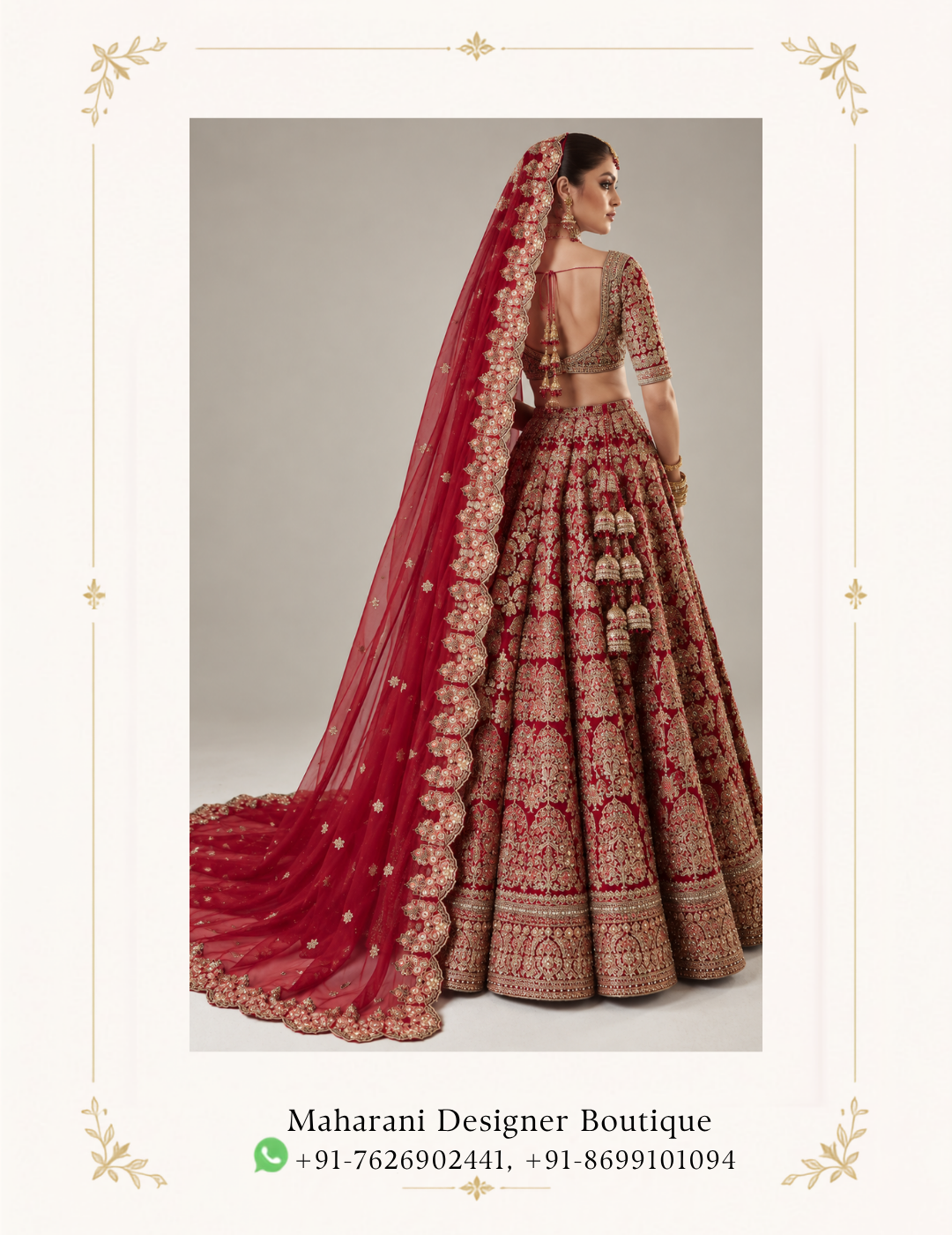 Maharani Royal Crimson Heritage Embroidered Bridal Lehenga Celebrate your special day in timeless elegance with the Maharani Royal Crimson Heritage Embroidered Bridal Lehenga, Red Bridal Lehenga with Heavy Golden Embroidery and Embellished Dupatta, Maharani Designer Boutique Jalandhar, a luxurious bridal ensemble inspired by traditional Indian craftsmanship. Featuring a rich crimson red base with intricate golden embroidery, this bridal lehenga is designed for brides who love regal details and classic wedding fashion. Product Details Colour: Crimson Red with Gold Style: Traditional Bridal Lehenga Choli Work: Heavy golden embroidery with intricate floral and heritage motifs Blouse: Embroidered blouse with V-neckline and three-quarter sleeves Lehenga: Flared bridal skirt with elaborate embroidery and a heavy border Dupatta: Red net dupatta with scalloped embroidered edging Occasion: Wedding, bridal ceremony, and reception Brand: Maharani Designer Boutique Maharani Crimson Red Embroidered Sharara Suit,Maharani Crimson Heritage Bridal Lehenga,Maharani Crimson Heritage Embroidered Bridal Lehenga,Maharani Black Crimson Heritage Printed Saree,Maharani Crimson Royal Embroidered Sharara Suit