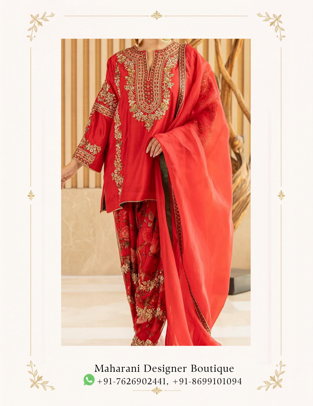 Maharani Scarlet Royale Golden Embroidered Punjabi Suit Add a touch of royal elegance to your ethnic wardrobe with the Maharani Scarlet Royale Golden Embroidered Punjabi Suit, Red Designer Punjabi Salwar Suit with Heavy Golden Embroidery & Floral Bottom, Maharani Designer Boutique Jalandhar, from Maharani Designer Boutique. Designed for women who appreciate traditional craftsmanship and luxurious fashion, this stunning red ensemble is perfect for festive celebrations and special occasions. Explore premium designer Punjabi suits online at Maharani Designer Boutique, with worldwide shipping available for customers in India and abroad. Product Details Colour: Scarlet Red Category: Designer Punjabi Salwar Suit Work: Golden floral embroidery Neckline: Embellished slit neckline Sleeves: Three-quarter sleeves with detailed embroidery Bottom: Red floral printed trousers with embroidered accents Dupatta: Matching red dupatta with decorative border Style: Traditional, festive, and elegant Occasion: Weddings, festivals, parties, and family functions Brand: Maharani Designer Boutique' Sage Green Embroidered Designer Sui, Emerald Green Bridal Lehenga Choli, Olive Royale Embroidered Salwar Suit, MDB 21447, MDB 23138