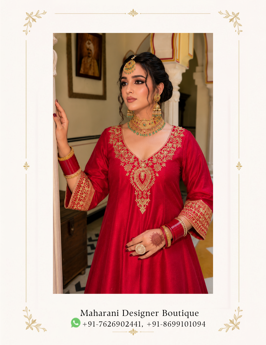Maharani Heavy Embroidered Sharara Suit Embrace regal elegance with the Maharani Heavy Embroidered Sharara Suit, Maharani Designer Boutique Jalandhar, a luxurious traditional ensemble designed with rich colours and intricate craftsmanship. The deep features elaborate multicolour embroidery with traditional floral and ornamental motifs. The neckline, sleeves and hem are enhanced with detailed embroidered borders, creating a refined and statement-making look.