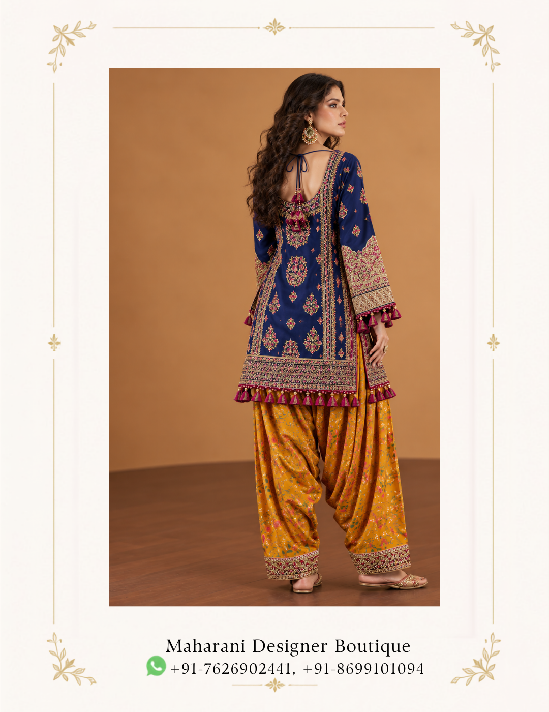 Maharani Royal Blue & Mustard Floral Embroidered Punjabi Salwar Suit Make a statement with the Maharani Royal Blue & Mustard Floral Embroidered Punjabi Salwar Suit, Royal Blue Designer Salwar Suit with Mustard Patiala Bottom & Heavy Embroidered Kurta , Maharani Designer Boutique Jalandhar , a beautiful blend of traditional Punjabi elegance and contemporary designer style. This exquisite ensemble features a rich royal blue kurta adorned with intricate multicolour embroidery, floral motifs, and ornate decorative borders. The kurta showcases a beautifully embroidered front panel, statement flared sleeves, and an embellished hemline finished with elegant tassel detailing. Paired with a mustard-yellow Patiala-style salwar featuring delicate floral prints and an embroidered border, this outfit creates a striking contrast that celebrates the beauty of Punjabi ethnic fashion. Perfect for festive celebrations, family gatherings, pre-wedding functions, and traditional occasions, this designer Punjabi suit offers a distinctive look for women who appreciate vibrant colours and detailed craftsmanship. Style it with traditional juttis, statement earrings, and a matching Punjabi paranda or elegant hairstyle to complete your ethnic look. Discover premium Punjabi designer suits at Maharani Designer Boutique, with shipping options across India and worldwide. Maharani Mustard Heritage Embroidered Anarkali Suit,Maharani Mustard Gold Royale Embroidered Bridal Leheng,Maharani Emerald & Mustard Royal Lehenga Choli,Maharani Mustard Blossom Embroidered Sharara Sui,Royal Blue Floral Embroidered Punjabi Salwar Suit