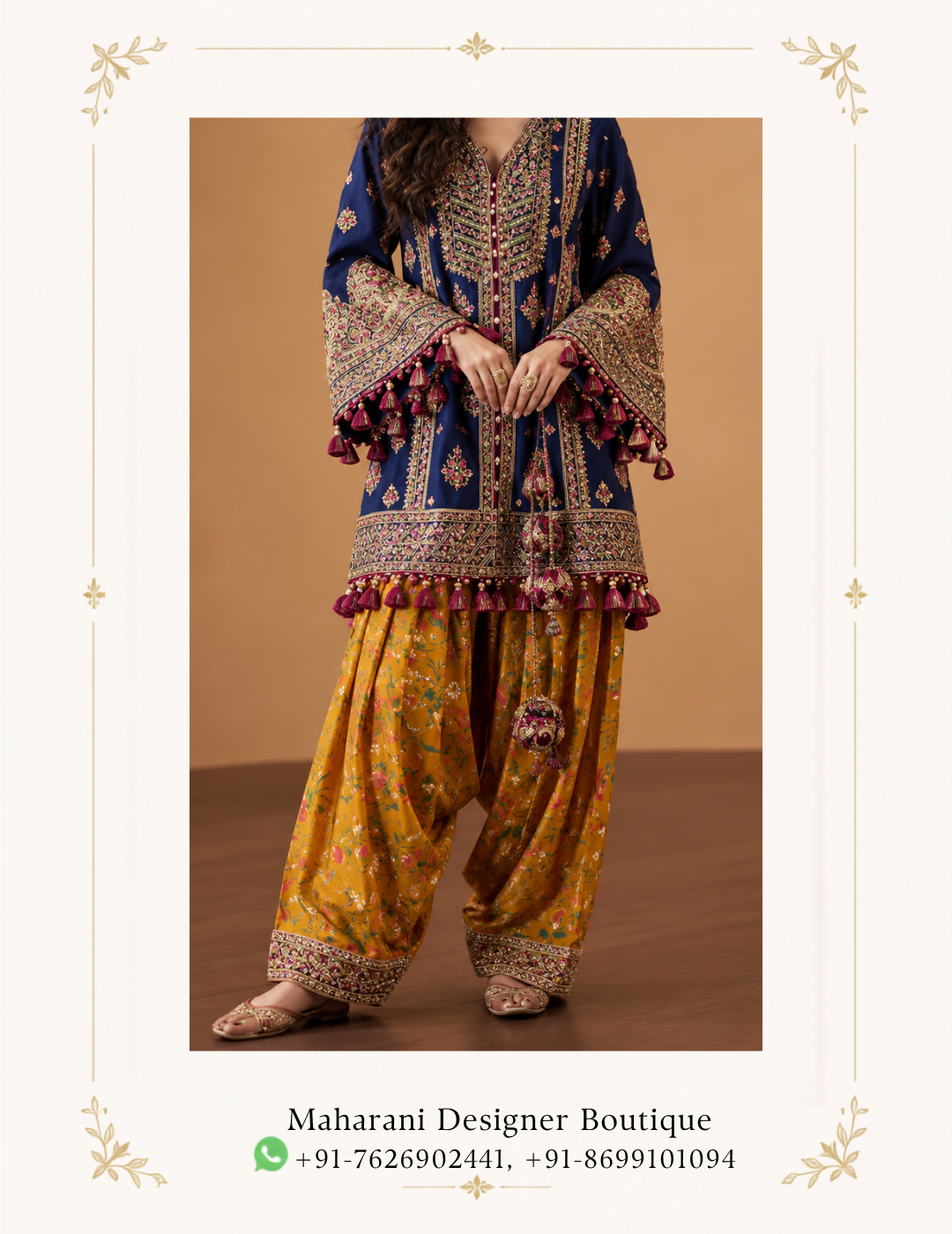 Maharani Royal Blue & Mustard Floral Embroidered Punjabi Salwar Suit Make a statement with the Maharani Royal Blue & Mustard Floral Embroidered Punjabi Salwar Suit, Royal Blue Designer Salwar Suit with Mustard Patiala Bottom & Heavy Embroidered Kurta , Maharani Designer Boutique Jalandhar , a beautiful blend of traditional Punjabi elegance and contemporary designer style. This exquisite ensemble features a rich royal blue kurta adorned with intricate multicolour embroidery, floral motifs, and ornate decorative borders. The kurta showcases a beautifully embroidered front panel, statement flared sleeves, and an embellished hemline finished with elegant tassel detailing. Paired with a mustard-yellow Patiala-style salwar featuring delicate floral prints and an embroidered border, this outfit creates a striking contrast that celebrates the beauty of Punjabi ethnic fashion. Perfect for festive celebrations, family gatherings, pre-wedding functions, and traditional occasions, this designer Punjabi suit offers a distinctive look for women who appreciate vibrant colours and detailed craftsmanship. Style it with traditional juttis, statement earrings, and a matching Punjabi paranda or elegant hairstyle to complete your ethnic look. Discover premium Punjabi designer suits at Maharani Designer Boutique, with shipping options across India and worldwide. Maharani Mustard Heritage Embroidered Anarkali Suit,Maharani Mustard Gold Royale Embroidered Bridal Leheng,Maharani Emerald & Mustard Royal Lehenga Choli,Maharani Mustard Blossom Embroidered Sharara Sui,Royal Blue Floral Embroidered Punjabi Salwar Suit