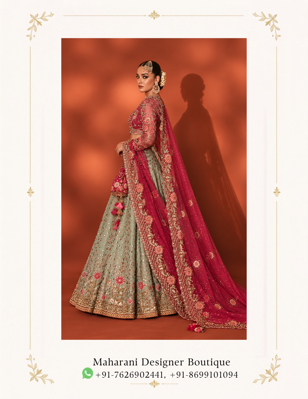 Maharani Magenta Sage Royale Embroidered Bridal Lehenga Make your special occasions unforgettable with the Maharani Magenta Sage Royale Embroidered Bridal Lehenga, Magenta and Sage Green Designer Bridal Lehenga with Heavy Embroidery , an exquisite ensemble that celebrates traditional Indian craftsmanship with luxurious elegance. This stunning designer bridal lehenga features a beautiful combination of sage green and rich magenta pink. The sage green flared lehenga is adorned with delicate motifs, intricate embellishments, and an elaborate embroidered hemline that creates a graceful and regal appearance. Explore premium designer bridal lehengas online at Maharani Designer Boutique, with worldwide shipping available for customers in India and abroad. Product Details Colour: Sage Green and Magenta Pink Category: Designer Bridal Lehenga Blouse: Magenta pink blouse with intricate embroidery Lehenga: Sage green flared skirt with embellished motifs Dupatta: Magenta pink dupatta with elaborate embroidered borders Work: Traditional embroidery with decorative embellishments Style: Royal, traditional, and luxurious Occasion: Weddings, engagements, receptions, and festive celebrations Brand: Maharani Designer Boutique