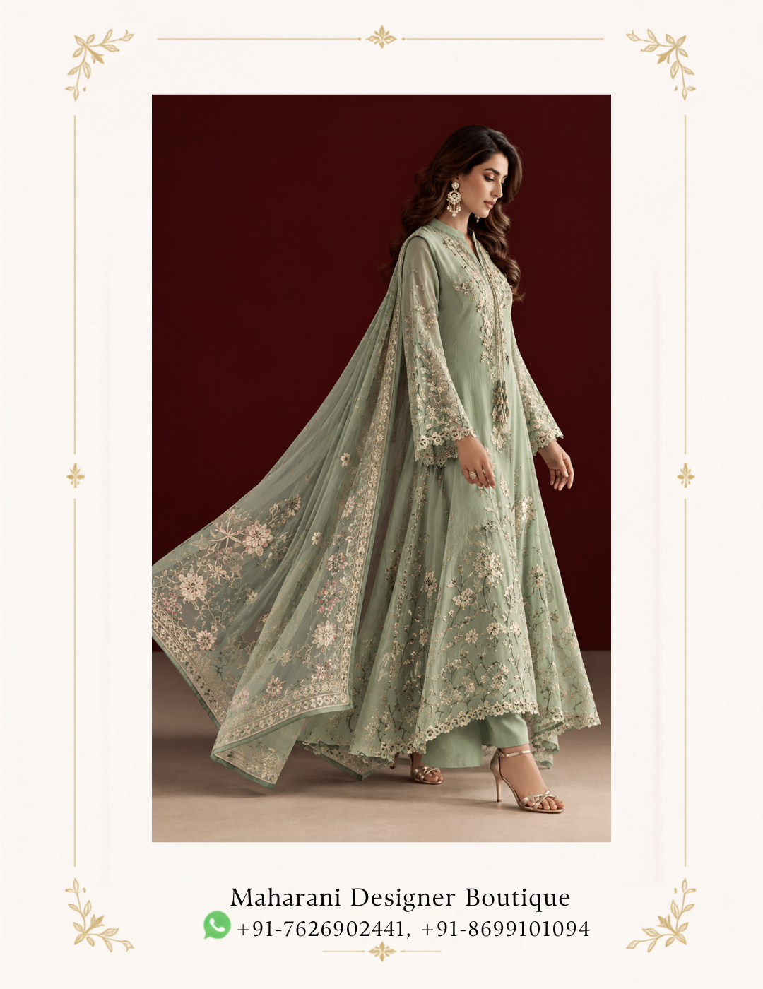 Maharani Sage Green Floral Embroidered Salwar Suit Embrace effortless elegance with the Maharani Sage Green Floral Embroidered Salwar Suit, Maharani Sage Green Floral Embroidered Salwar Suit with Organza Dupatta , maharani designer boutique jalandhar. Designed in a soothing sage green shade, this graceful ensemble features delicate floral embroidery across the front, sleeves and hem, complemented by an intricately embroidered sheer organza dupatta. The soft pastel tone and refined detailing create a sophisticated look, making it perfect for festive celebrations, daytime weddings, mehendi functions, parties and special occasions. Colour: Sage Green Style: Floral Embroidered Salwar Suit Dupatta: Embroidered Organza Occasion: Festive, Wedding & Party Wear Brand: Maharani Designer Boutique